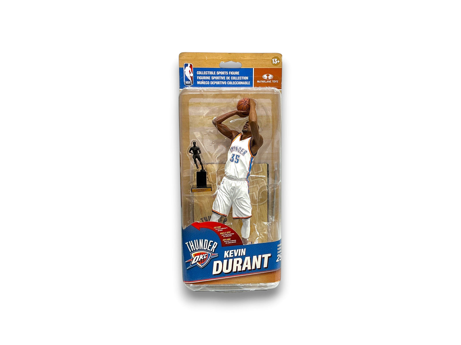 Lowkey Stock McFarlane Toys Kevin Durant Oklahoma City Thunder action figure in white jersey with trophy accessory