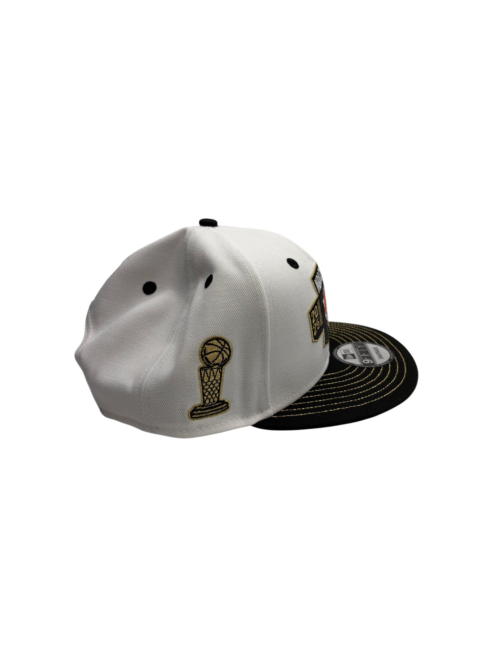 Lowkey Stock New York Knicks 2026 NBA Finals Champions 9FIFTY snapback cap in white and black with gold embroidery.