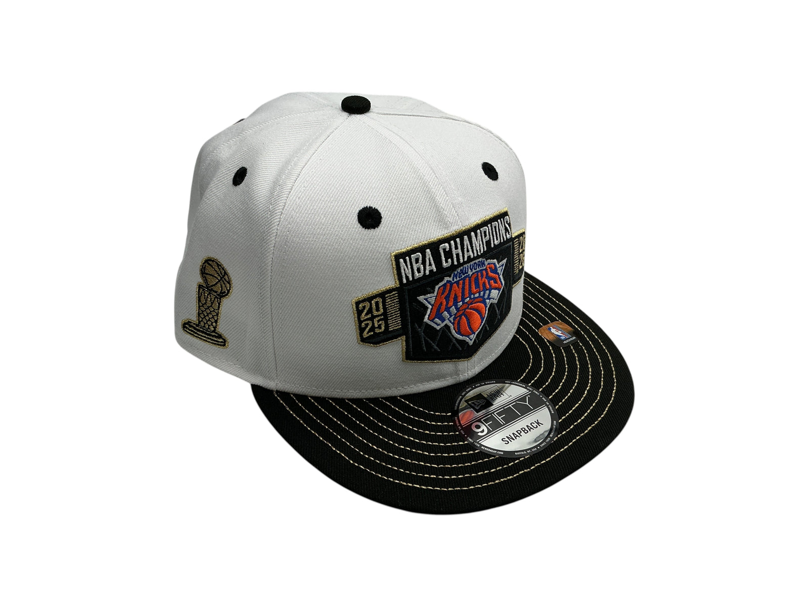 Lowkey Stock New York Knicks 2026 NBA Finals Champions 9FIFTY snapback hat in white and black with gold embroidery.