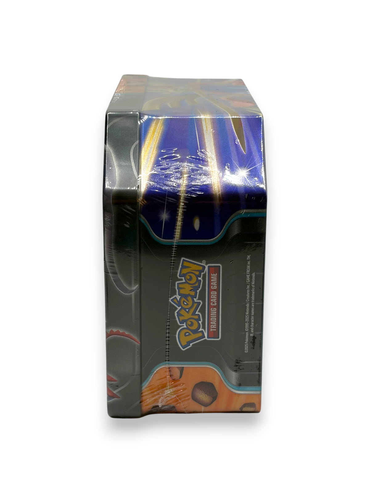 Lowkey Stock Pokemon Slashing Legends Koraidon EX collector tin, factory sealed with five booster packs, side view.
