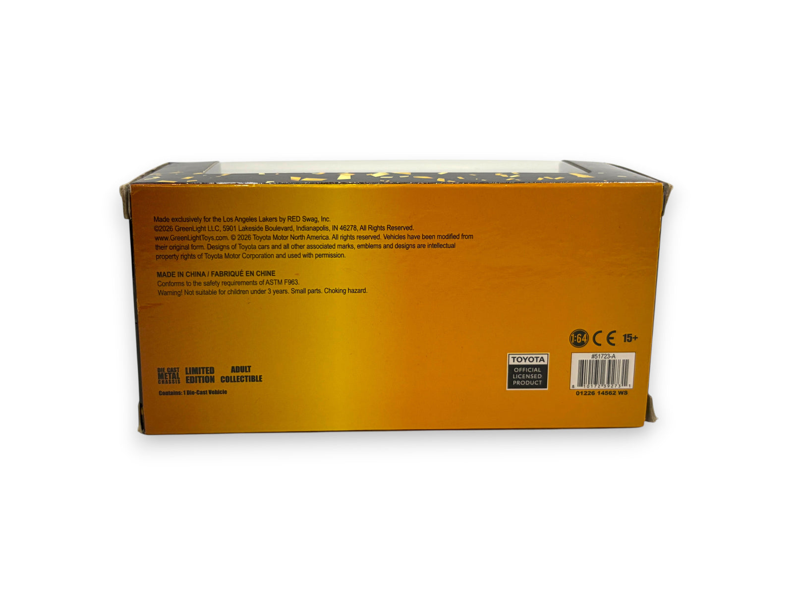 Lowkey Stock Lakers limited edition diecast Toyota Supra gold car collectible packaging box back view