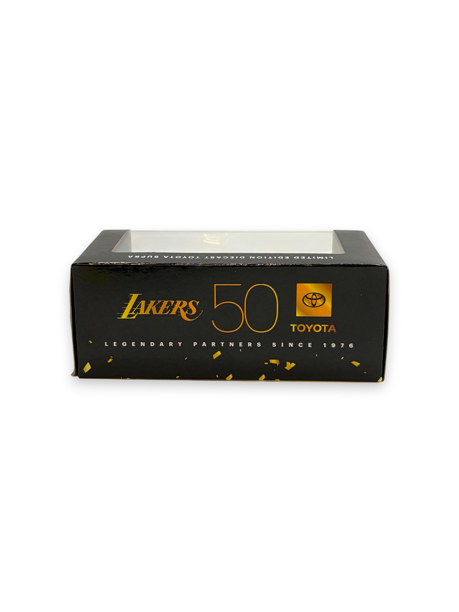 Lowkey Stock Lakers limited edition diecast Toyota Supra collectible car box with gold 50th anniversary branding