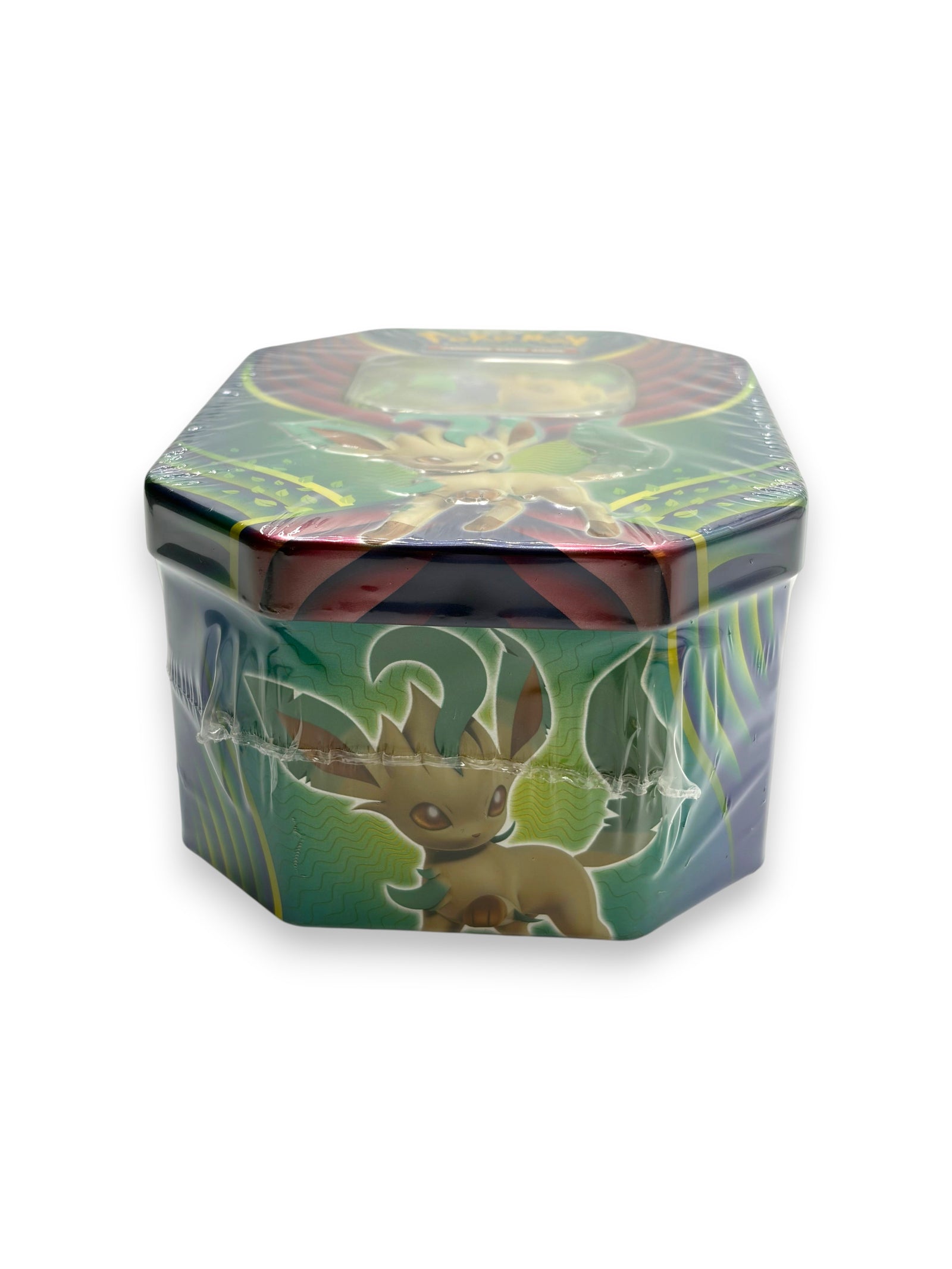 Lowkey Stock factory sealed 2018 Pokemon Leafeon GX collector tin featuring green Leafeon artwork and four booster packs