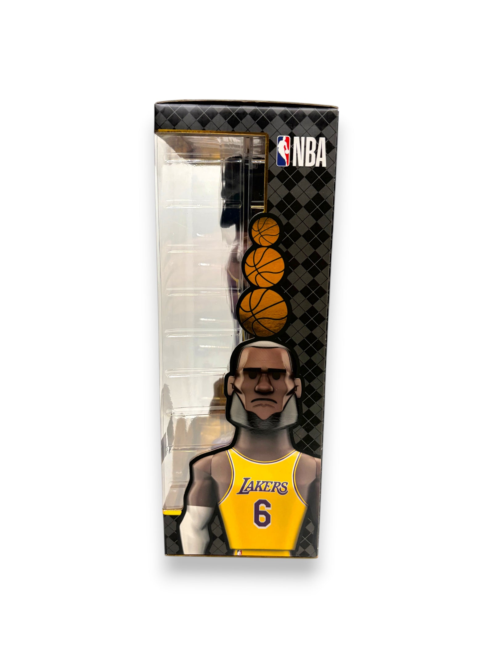 Lowkey Stock Funko Gold LeBron James 12-inch premium vinyl figure in a Lakers purple and gold jersey box side view