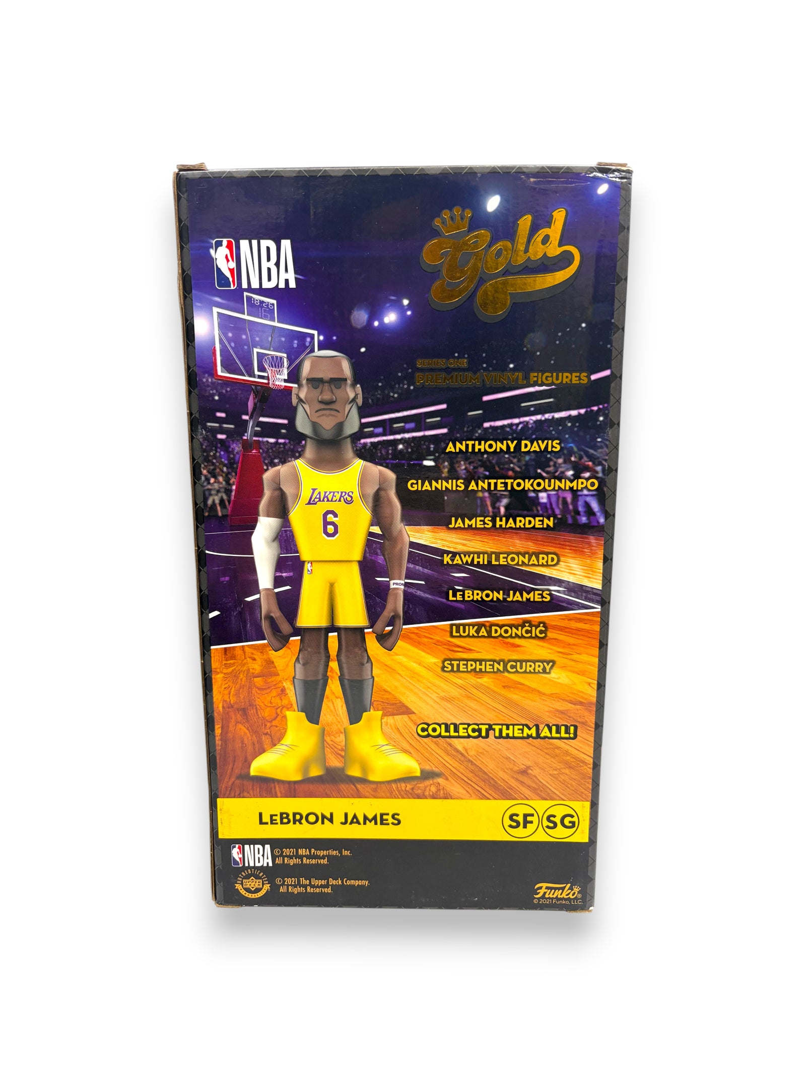 Lowkey Stock Funko Gold 12-inch LeBron James premium vinyl figure in a yellow Lakers jersey inside its display box