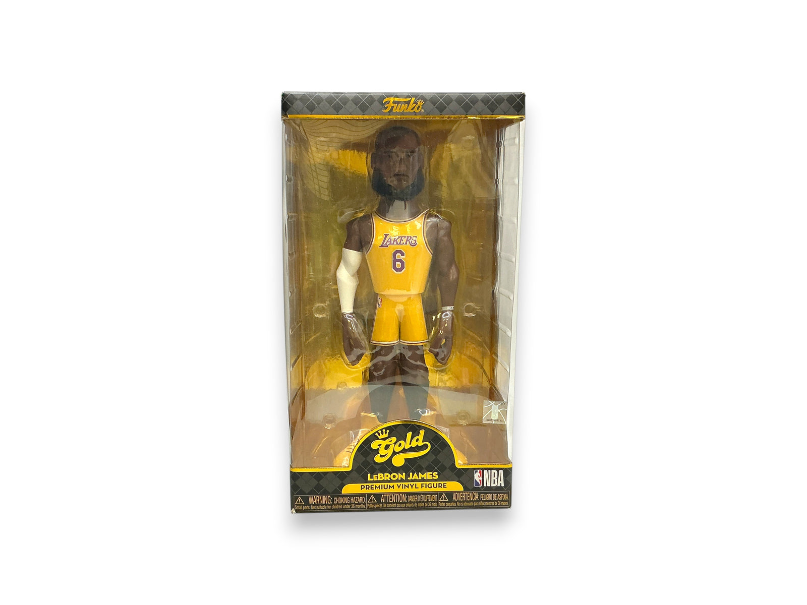 Lowkey Stock 12-inch Funko Gold LeBron James premium vinyl figure in a yellow Lakers jersey inside display box