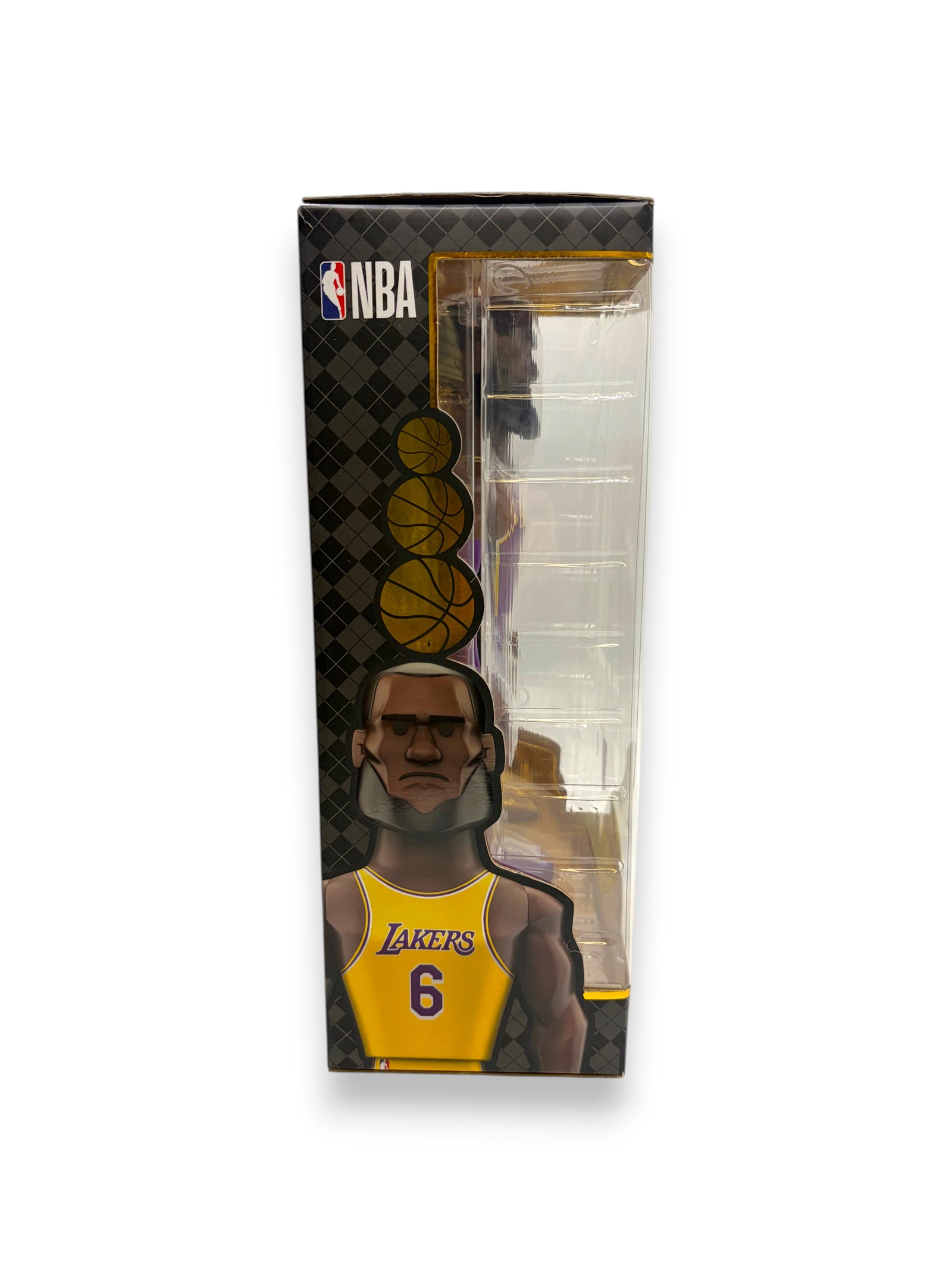 Lowkey Stock Funko Gold 12-inch LeBron James vinyl figure in Lakers purple and gold jersey, side view of box