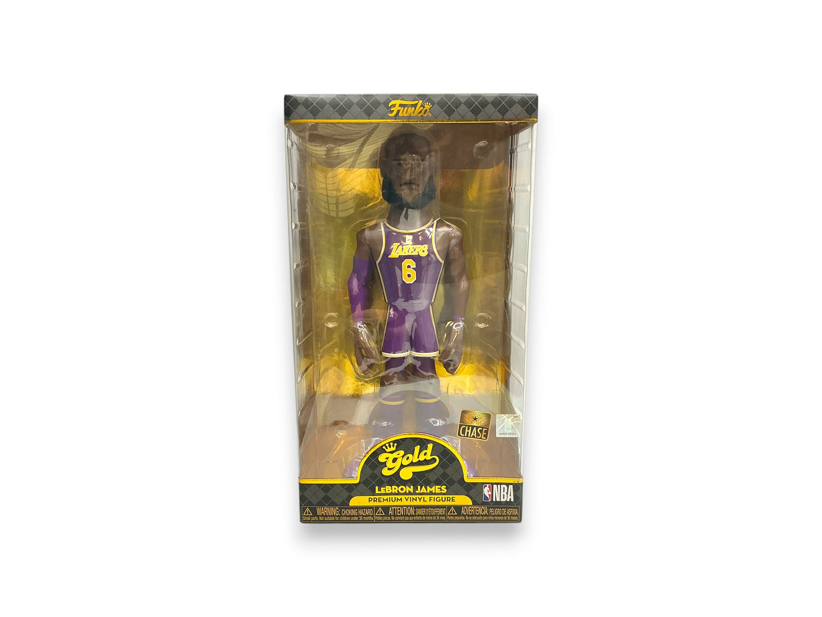Lowkey Stock Funko Gold 12-inch LeBron James vinyl figure wearing a purple Lakers jersey in display packaging