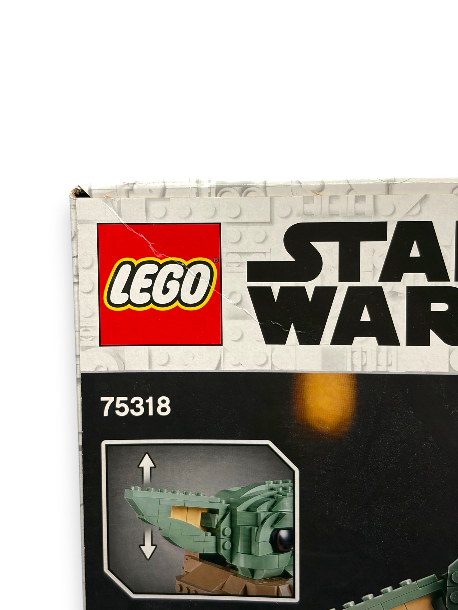 Lowkey Stock LEGO Star Wars The Child 75318 building set box corner detail showing branding and model features