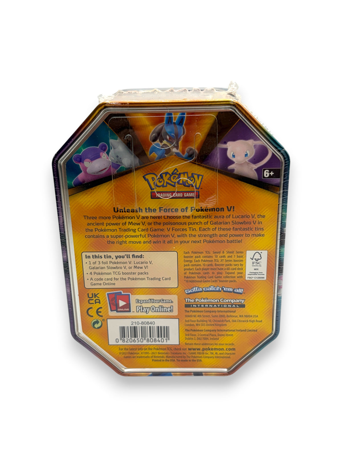 Lowkey Stock Pokemon TCG Lucario V sealed tin featuring Lucario, Galarian Slowbro, and Mew artwork on the back
