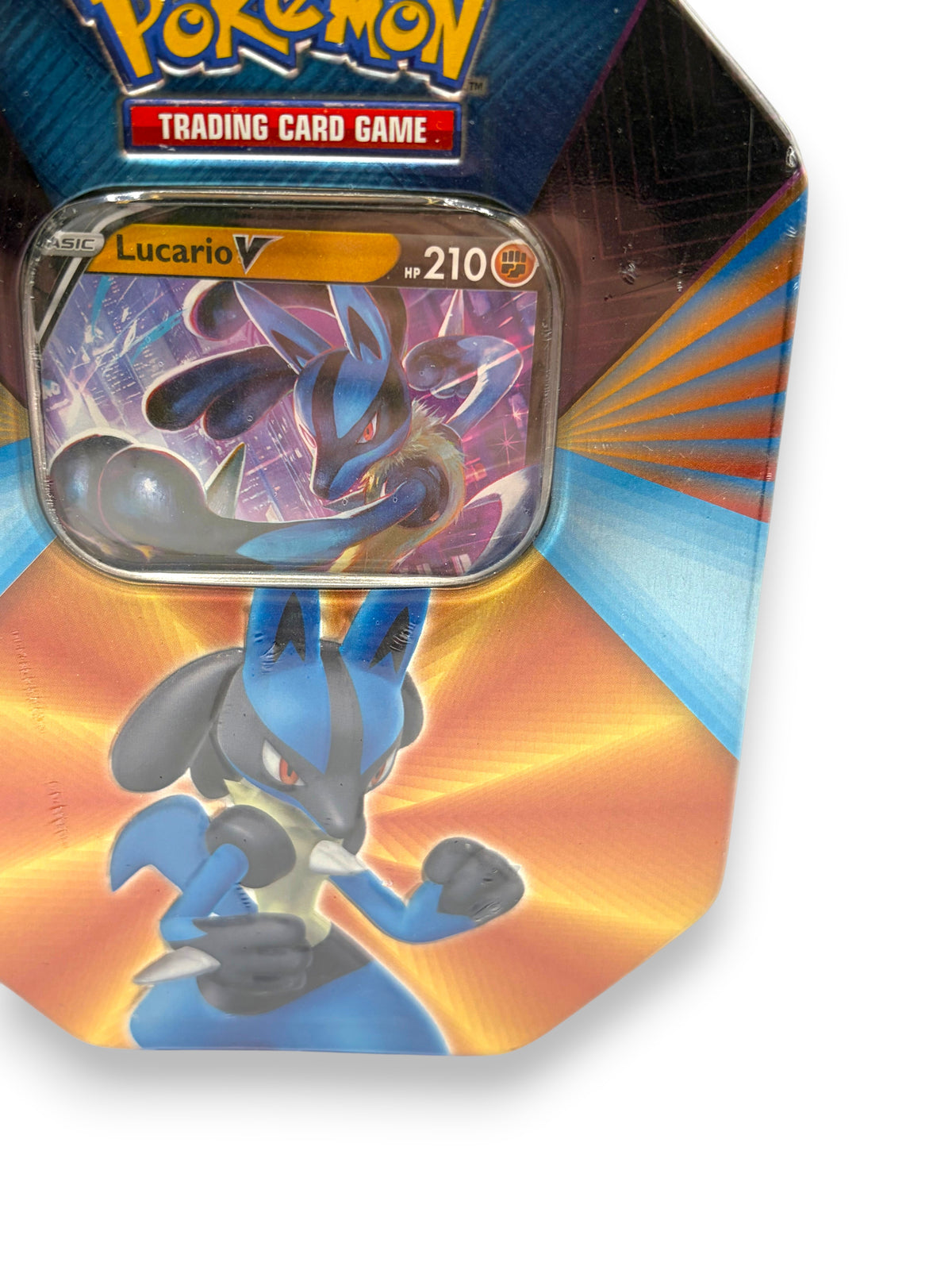 Lowkey Stock sealed Pokemon TCG Lucario V collector tin featuring Lucario artwork and four booster packs