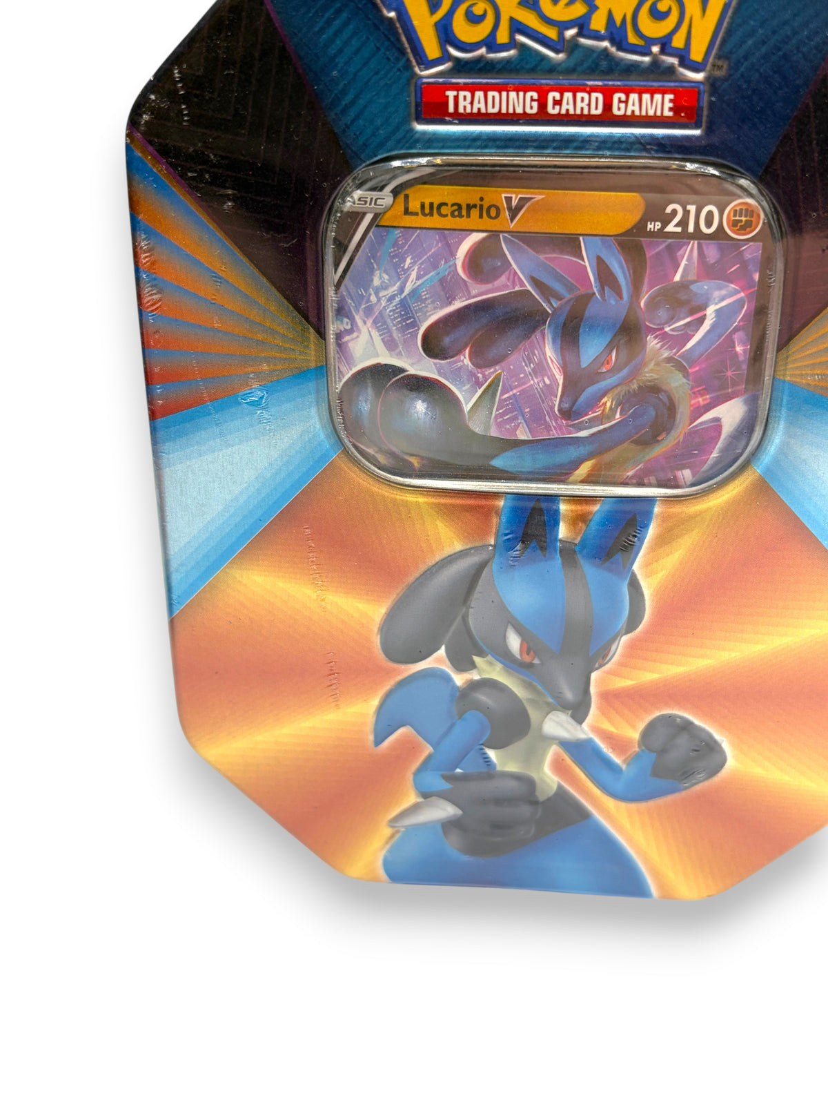 Lowkey Stock sealed Pokemon TCG Lucario V collector tin featuring Lucario artwork and a display window