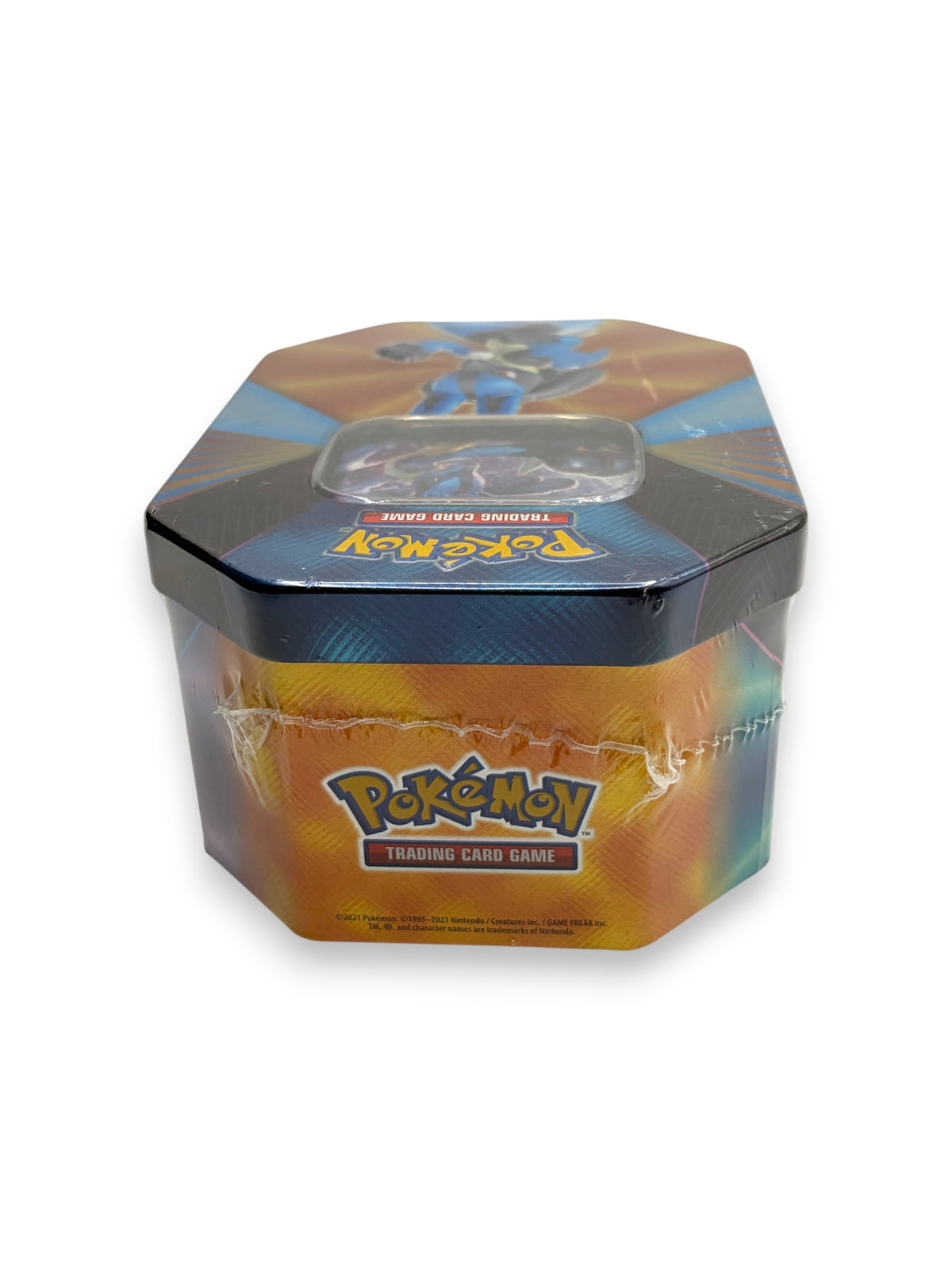 Lowkey Stock sealed Pokemon TCG Lucario V tin featuring vibrant artwork and four booster packs inside