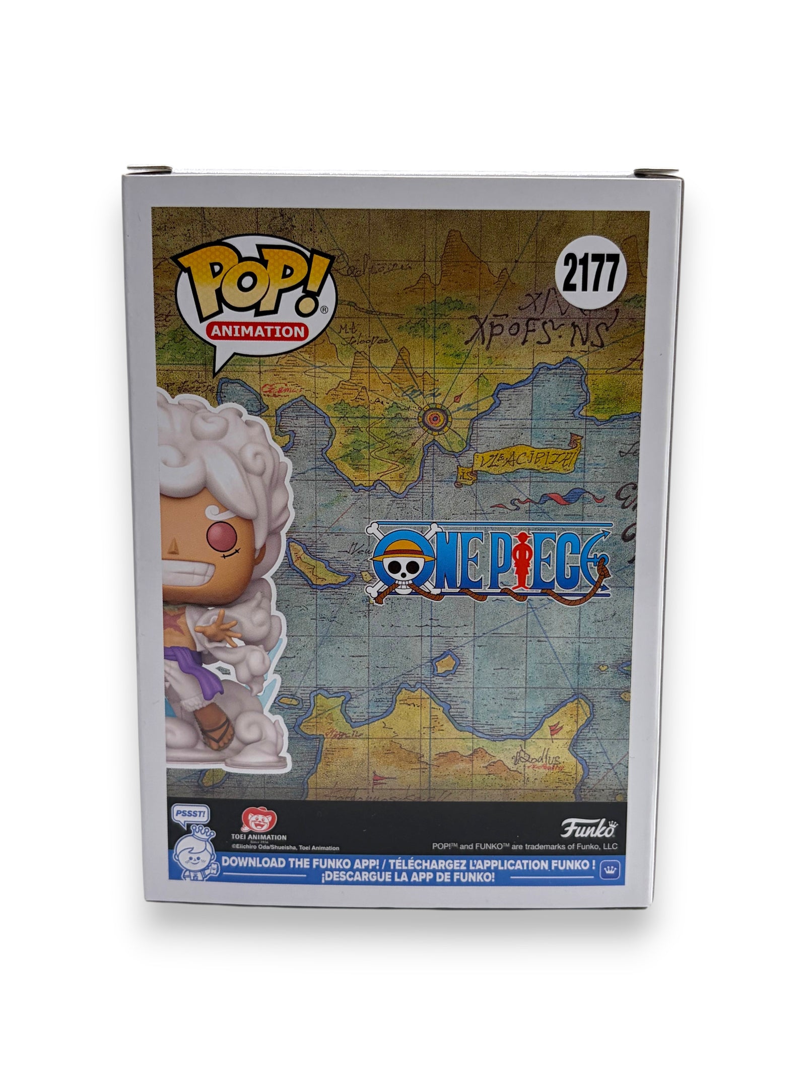 Lowkey Stock Funko POP! Animation One Piece Luffy Gear Five #2177 figure box back view with map graphic