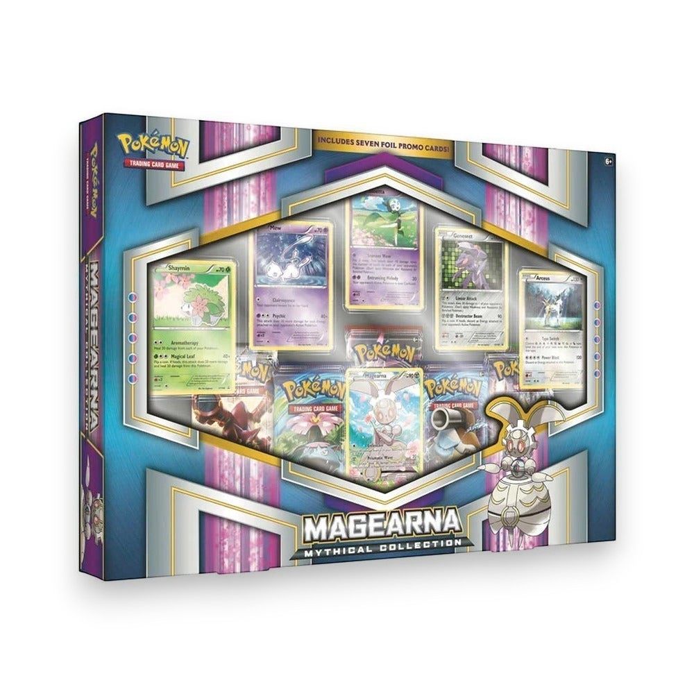 Lowkey Stock Pokémon TCG Magearna Mythical Collection box set with seven foil promo cards and five booster packs.
