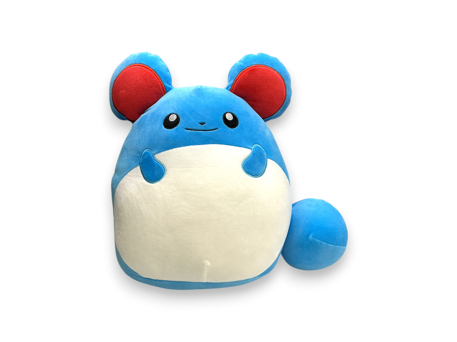 Lowkey Stock 14-inch Marill Pokémon Squishmallow plush with soft blue fabric, white belly, and red inner ears.