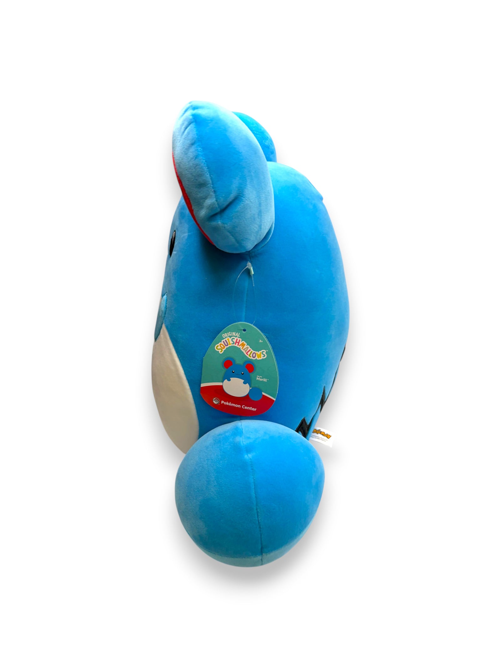 Lowkey Stock Pokémon Center Marill 14 inch Squishmallows plush toy in blue, side profile view with original tags.