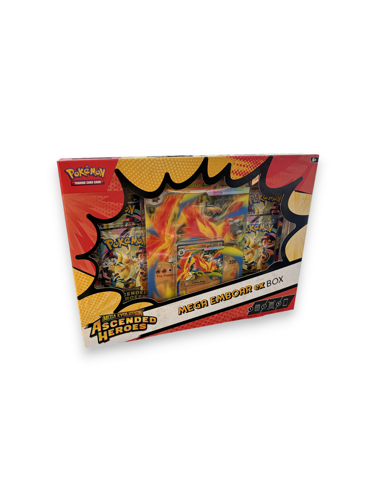 Lowkey Stock Ascended Heroes Mega Emboar ex Box featuring collectible Pokemon trading cards and booster packs.