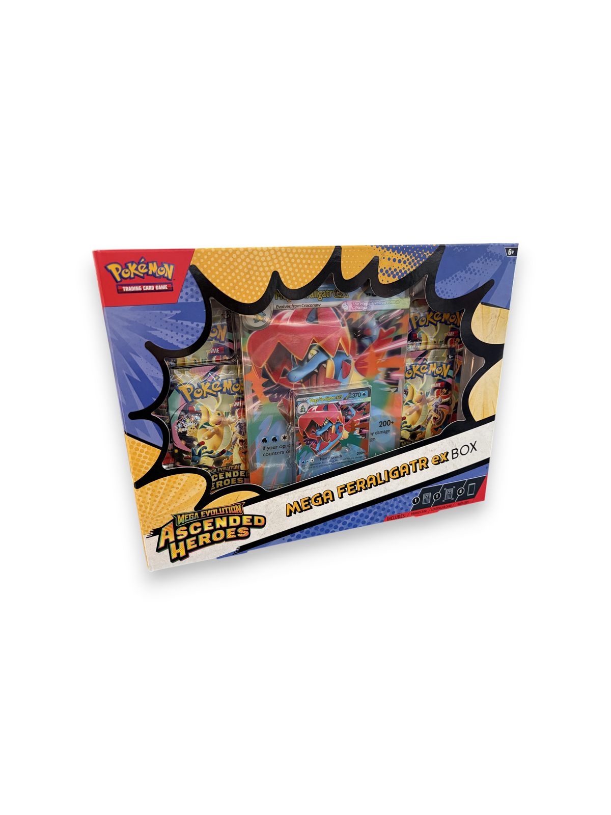 Lowkey Stock Pokemon Ascended Heroes Mega Feraligatr ex box set featuring trading card packs and promo card