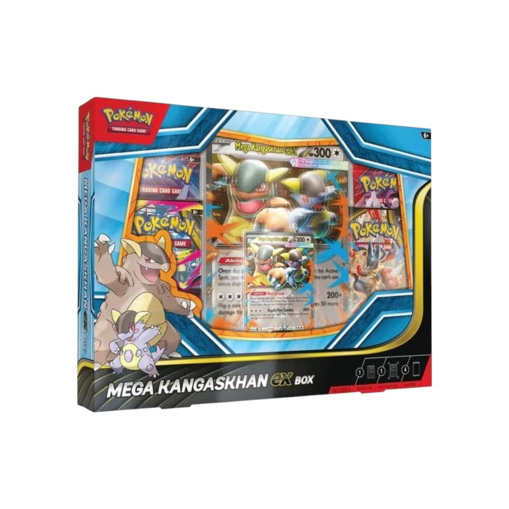 Lowkey Stock Pokémon TCG Mega Kangaskhan ex Box featuring foil and oversize promo cards plus four booster packs