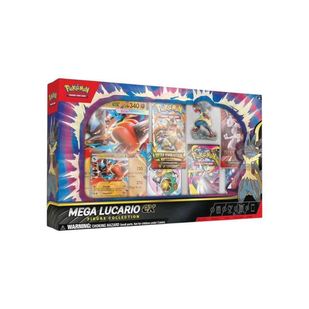 Lowkey Stock Pokémon TCG Mega Lucario ex Figure Collection box set with promo cards, figure, and booster packs.