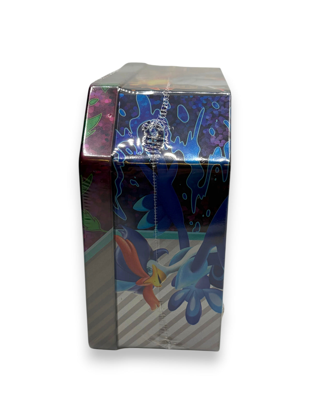 Lowkey Stock Paldea Partners Meowscarada ex Pokemon TCG tin, factory sealed, side view showing vibrant artwork