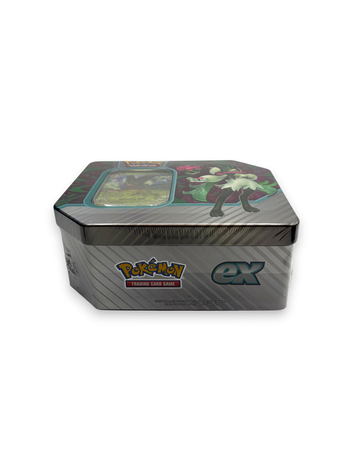 Lowkey Stock Paldea Partners Pokemon TCG tin featuring Meowscarada ex, factory sealed in a hexagonal metal container.