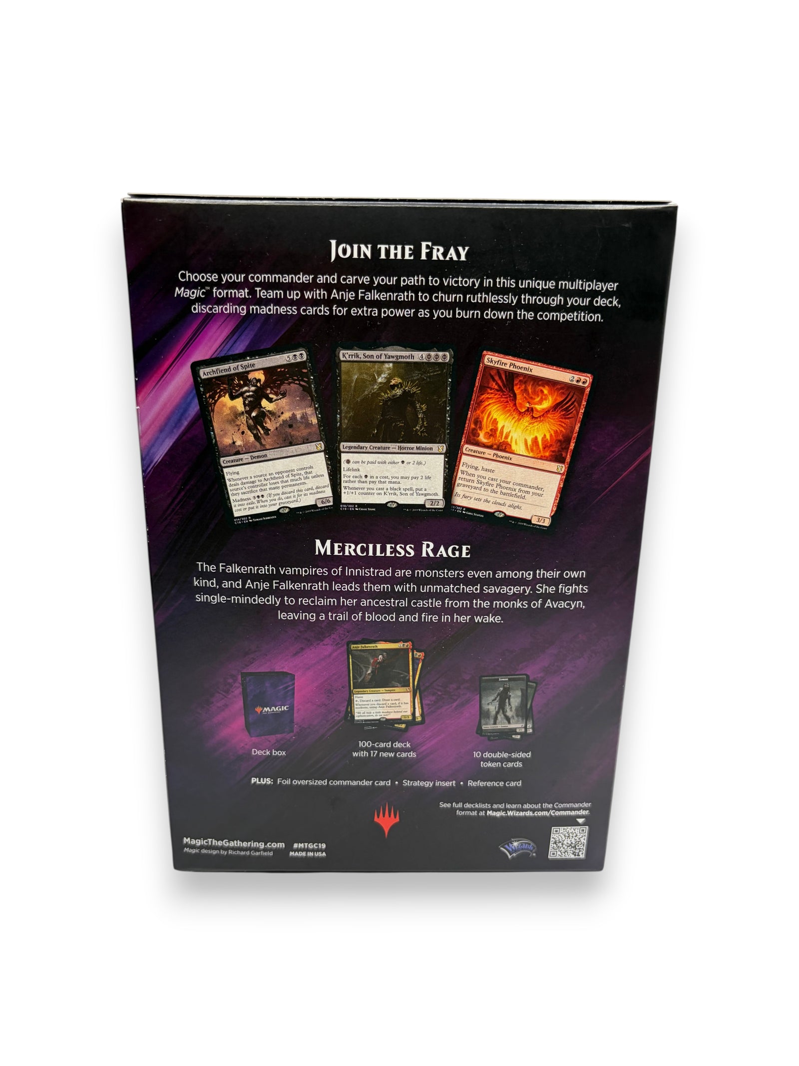 Lowkey Stock Magic: The Gathering 2019 Merciless Rage Commander deck box back packaging with card previews