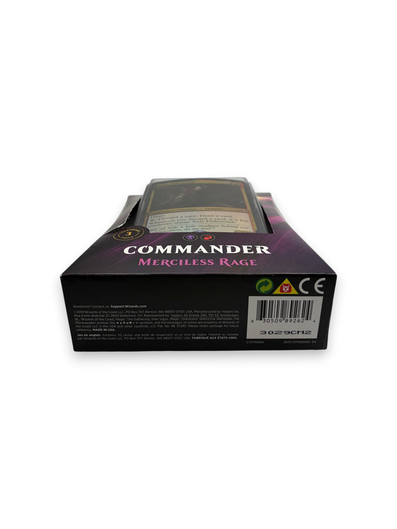 Lowkey Stock Magic: The Gathering 2019 Commander Merciless Rage deck box showing back packaging and barcode