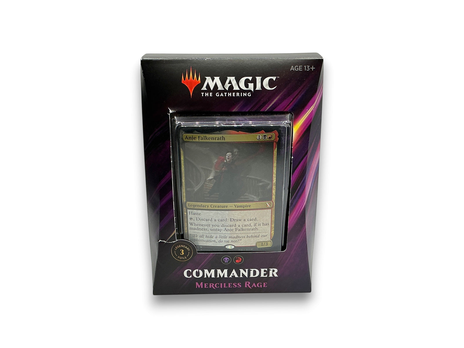 Lowkey Stock Magic: The Gathering 2019 Commander deck Merciless Rage featuring Anje Falkenrath card in display box