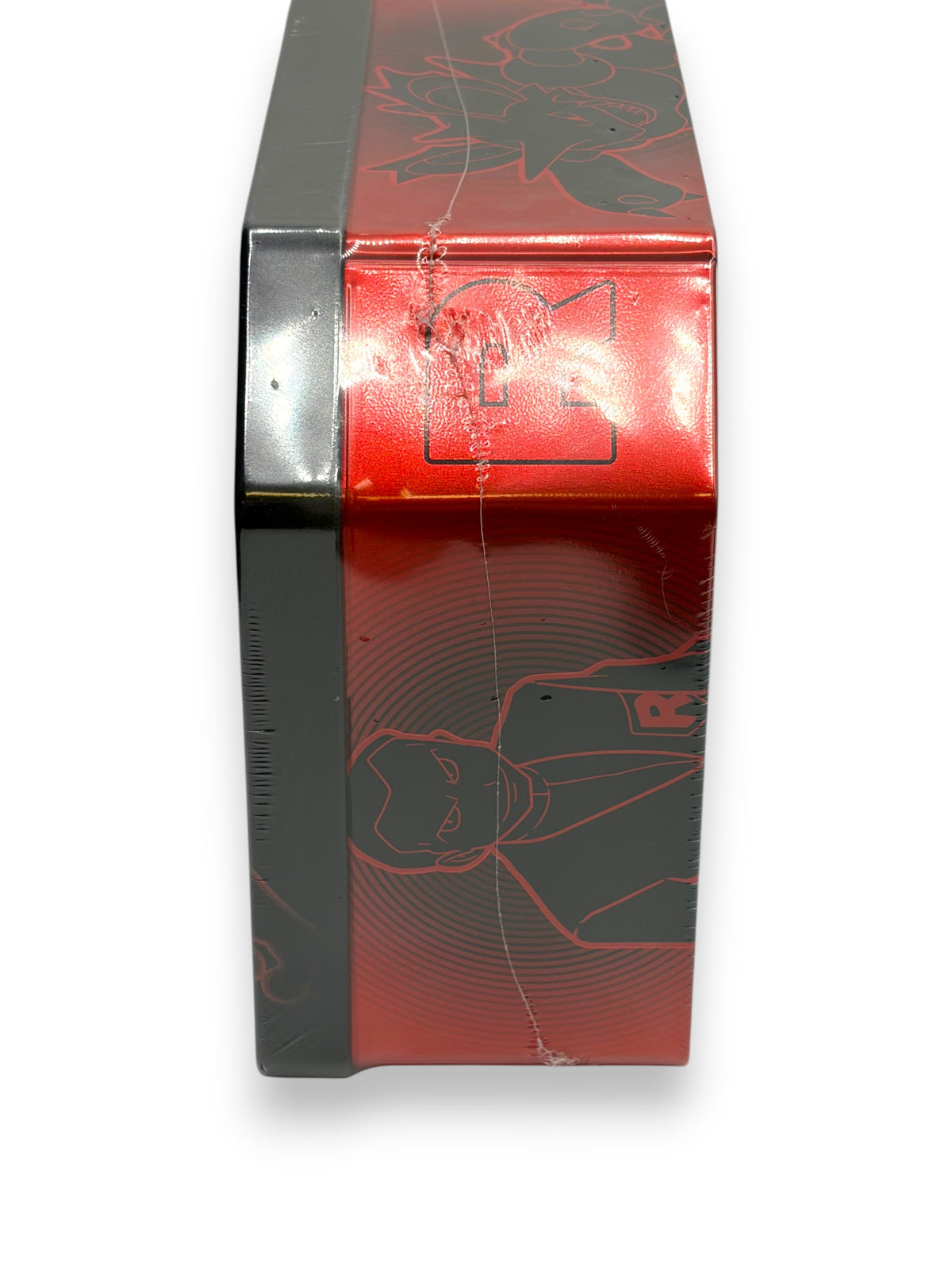 Lowkey Stock Pokemon TCG Team Rockets Mewtwo EX collector tin with factory seal showing minor plastic wrap damage