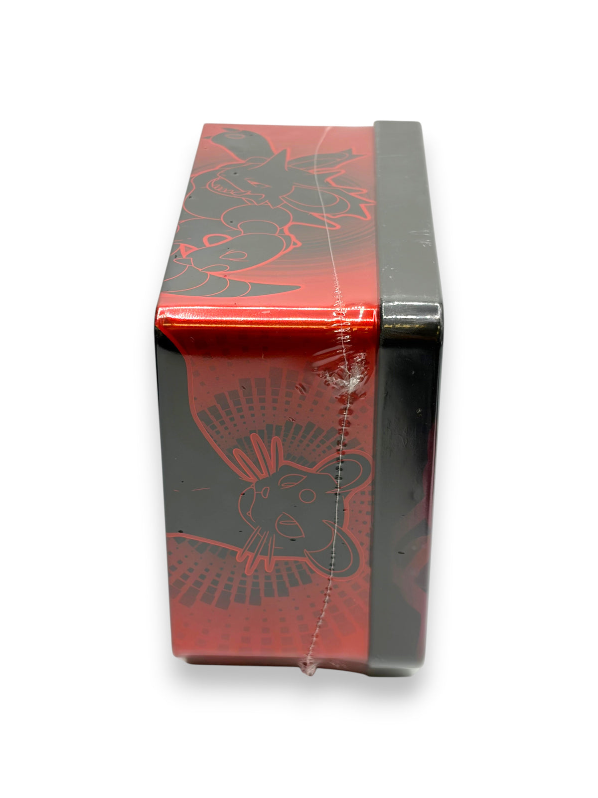 Lowkey Stock Pokemon TCG Team Rockets Mewtwo EX collector tin in red and black with factory seal side view