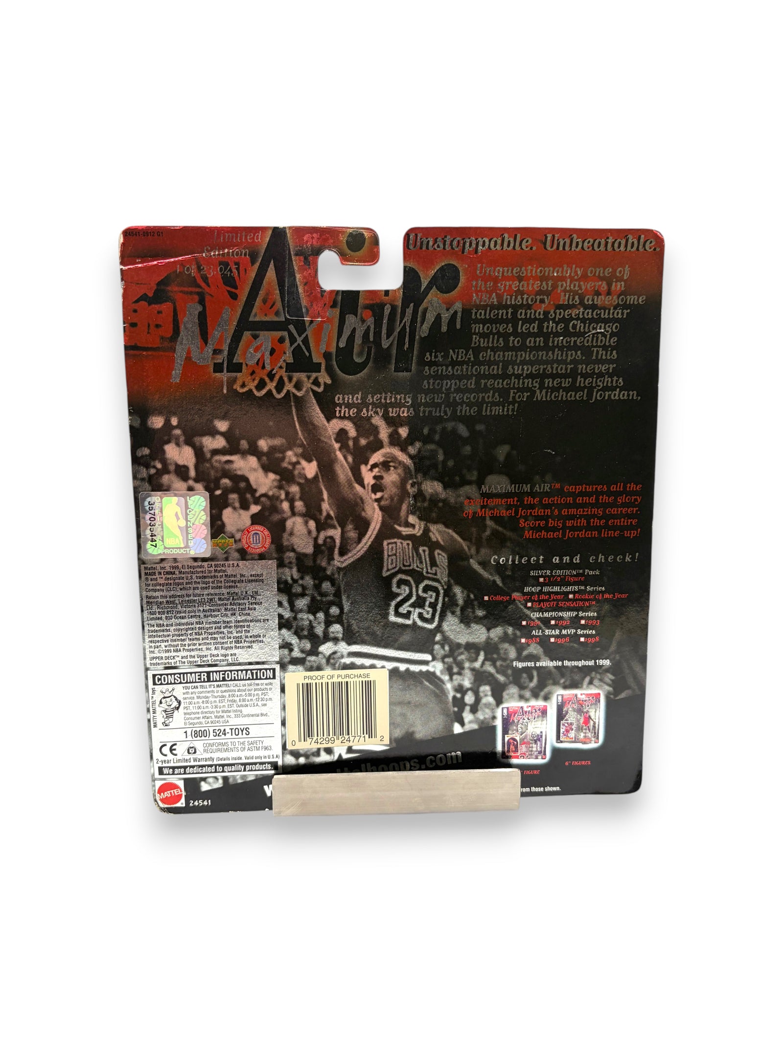 Lowkey Stock 1999 Michael Jordan Air Maximum Championship Series NBA figure back of blister pack packaging