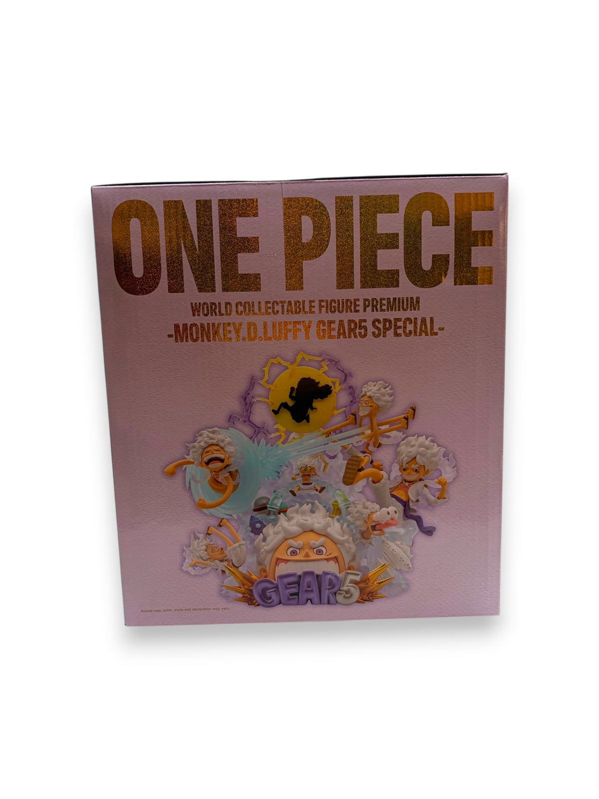 Lowkey Stock One Piece S.H. Figuarts Premium Monkey D Luffy Gear 5 collectible figure box in light purple packaging