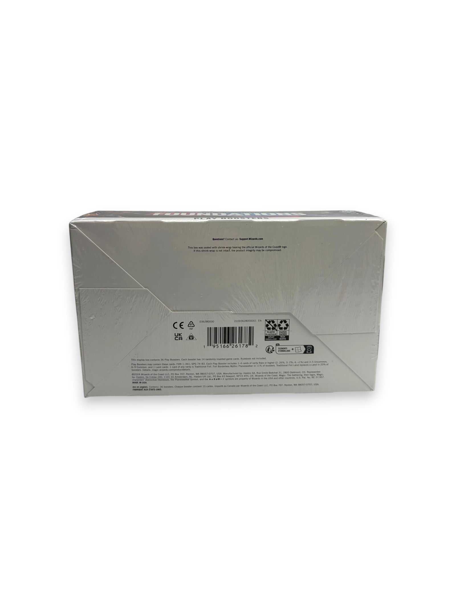 Lowkey Stock Magic the Gathering Foundations Play Booster Box in factory sealed packaging, back view with barcode