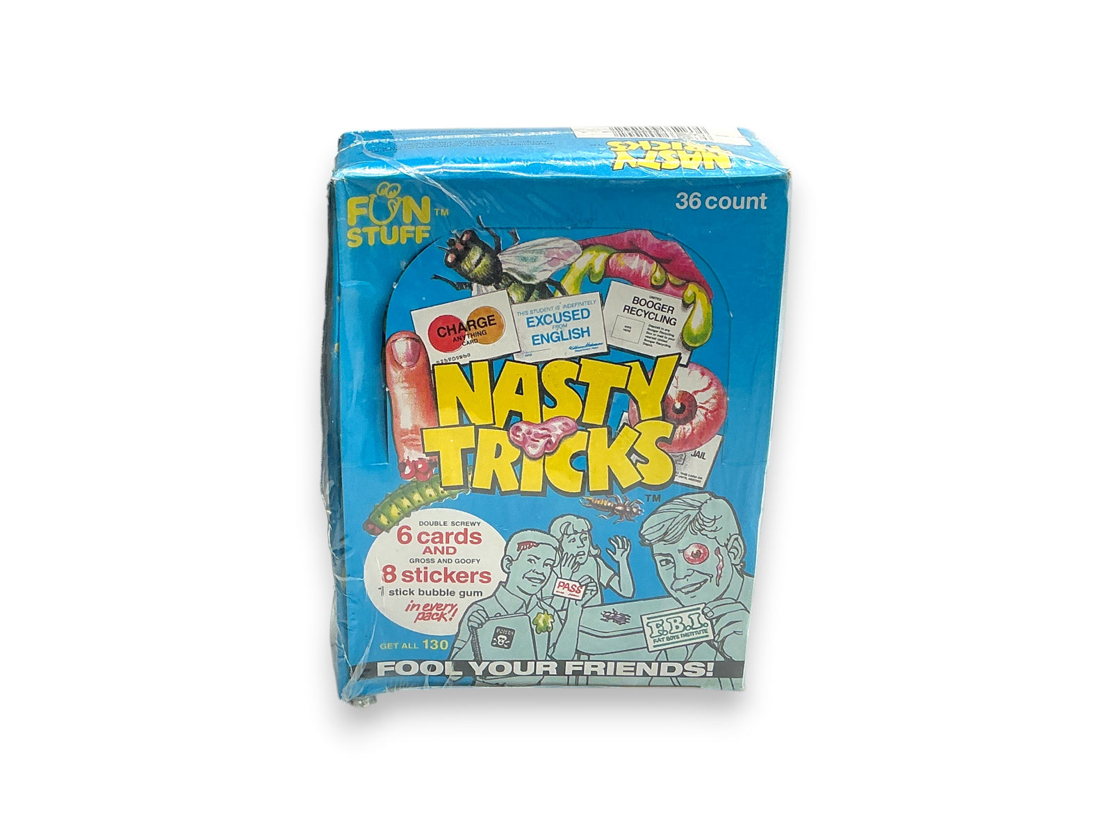 Lowkey Stock 1990 Confex Fun Stuff Nasty Tricks wax box containing 36 sealed packs of gross cards and stickers