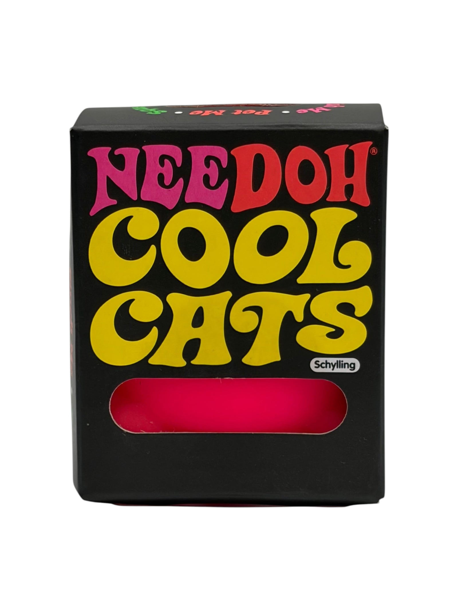 Lowkey Stock Schylling NeeDoh Cool Cats sensory fidget toy in black display box with pink squishy cat visible top of box