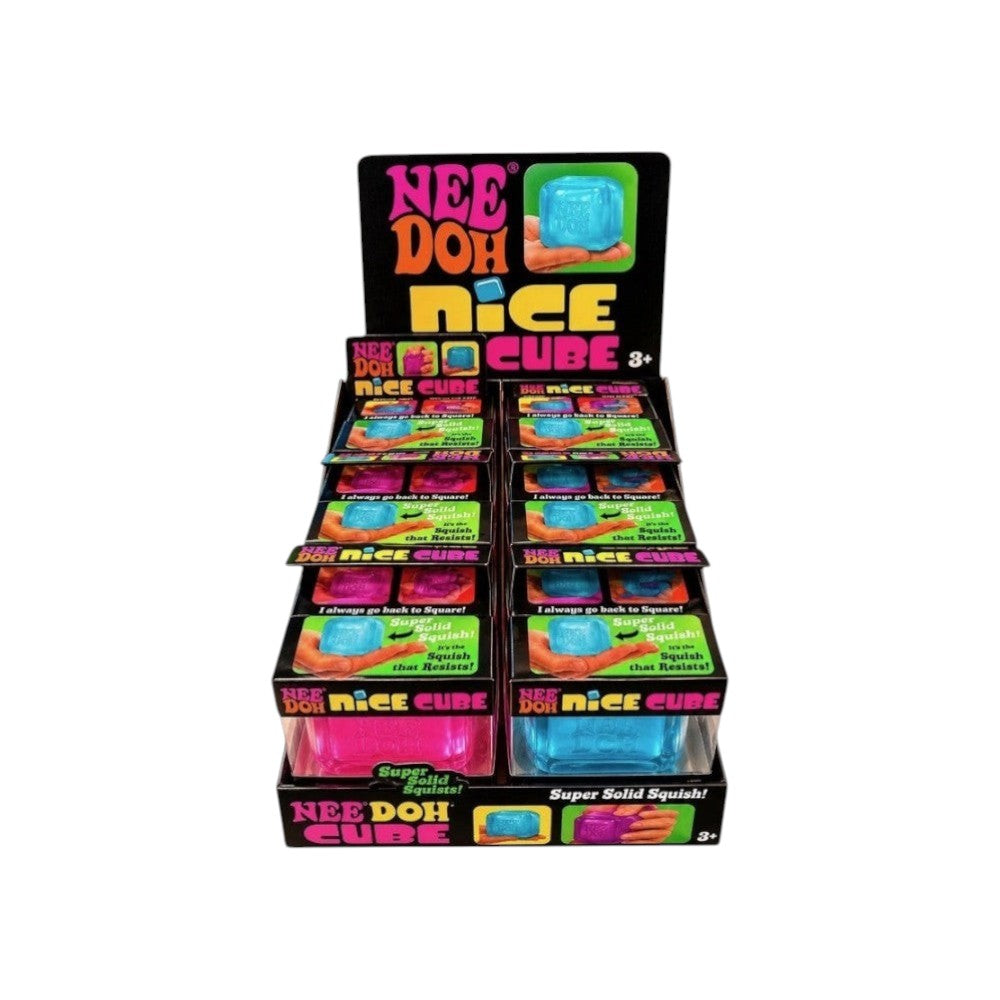 Lowkey Stock Schylling NeeDoh Nice Cube display box featuring assorted colourful squishy cube fidget toys