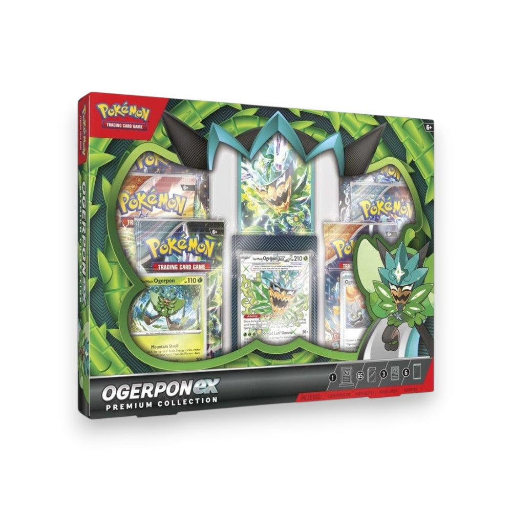 Lowkey Stock Pokémon TCG Ogerpon ex Premium Collection box set featuring promo cards, booster packs, and accessories.