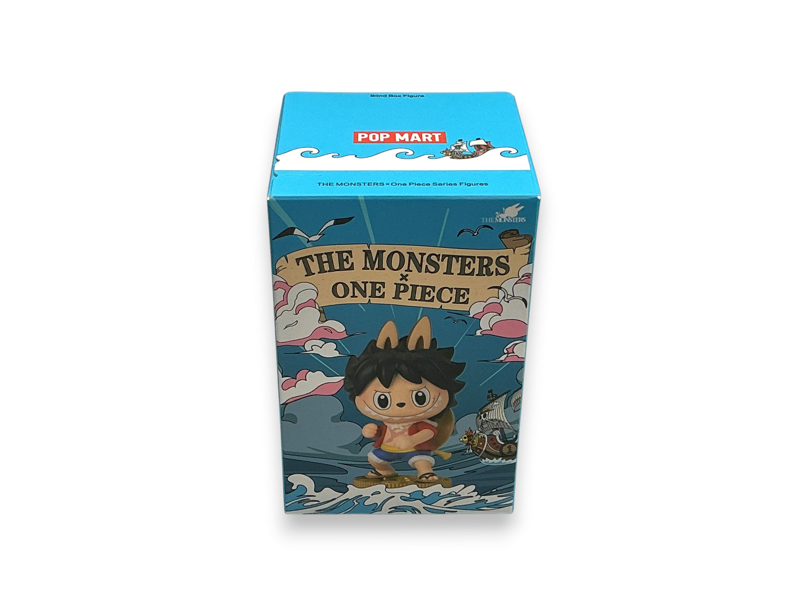 Lowkey Stock POP MART THE MONSTERS x One Piece blind box featuring a Labubu character dressed as Luffy on a surfboard