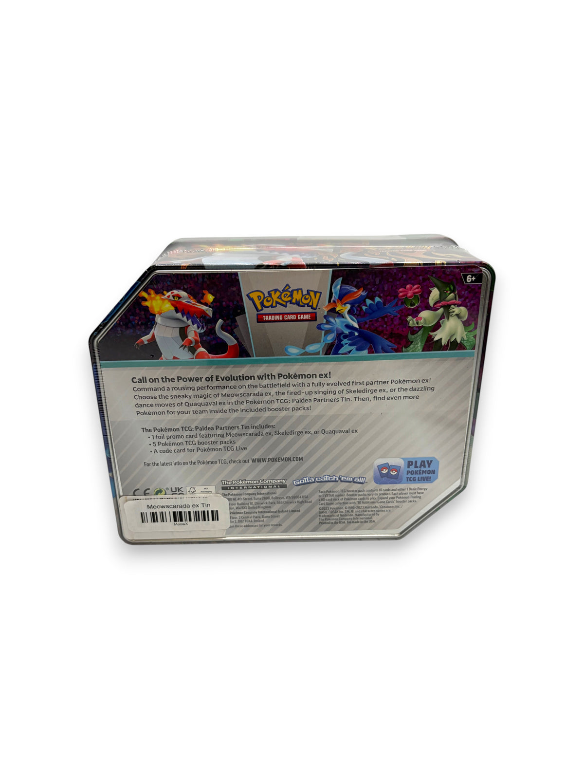 Lowkey Stock Paldea Partners Pokemon TCG tin featuring Meowscarada ex artwork on the back of the sealed collector box