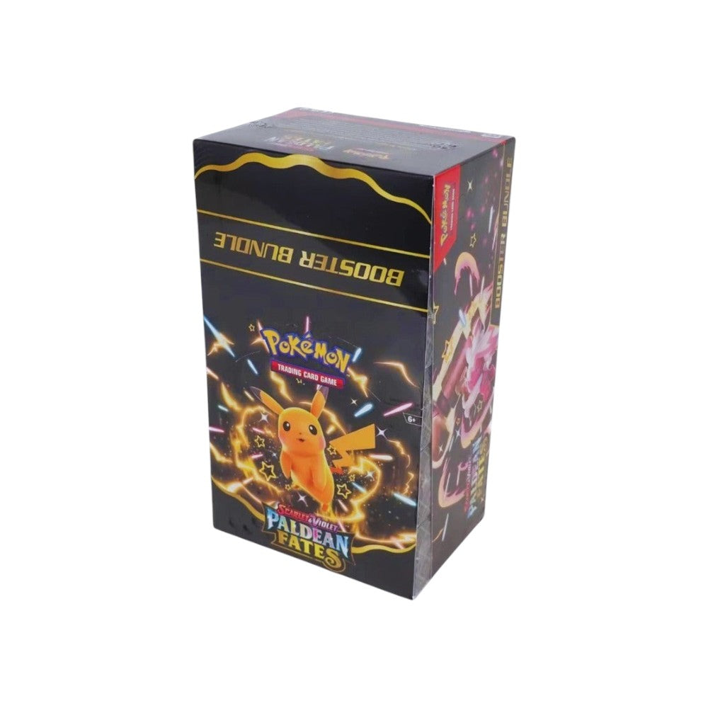 Lowkey Stock Pokémon TCG Scarlet and Violet Paldean Fates booster bundle display box featuring Pikachu artwork