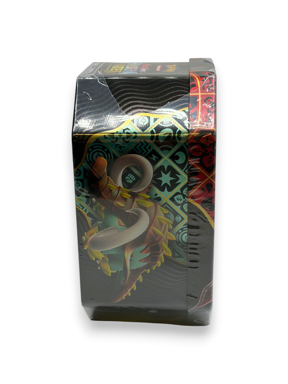 Lowkey Stock sealed Pokemon Paldean Fates Charizard ex tin with visible tears in the plastic wrap on top and bottom