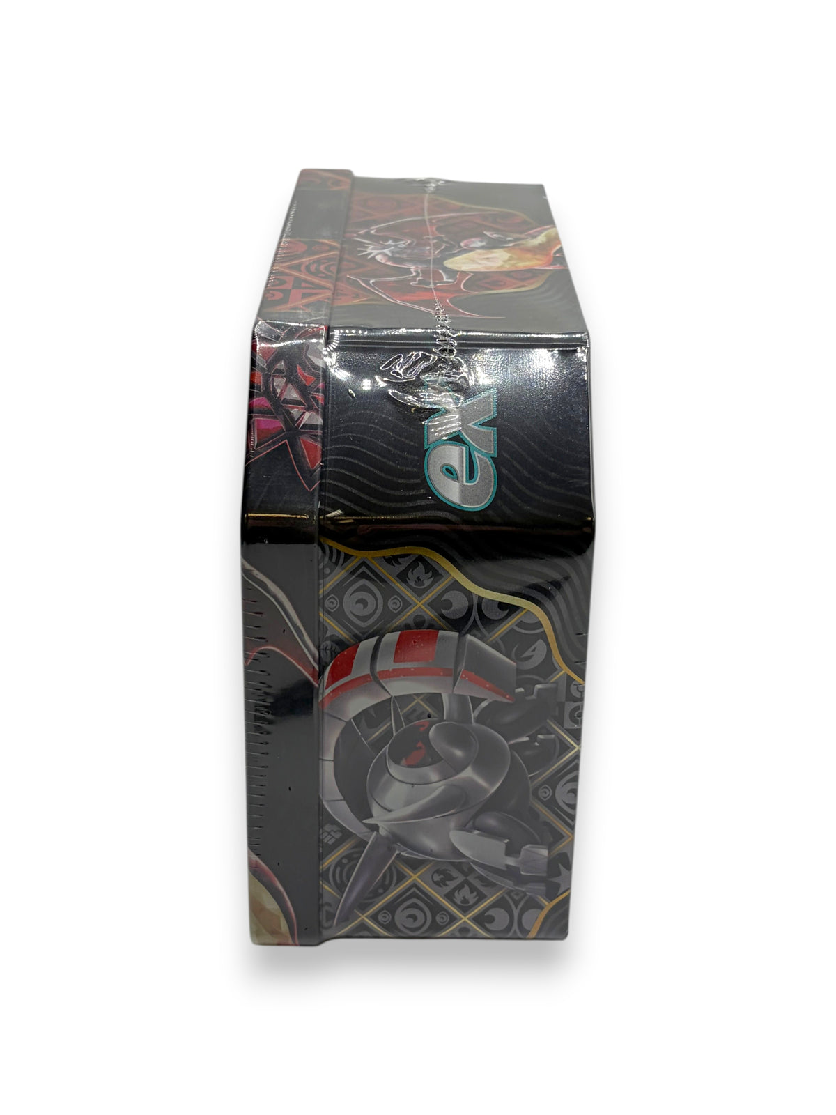 Lowkey Stock Pokémon TCG Paldean Fates tin featuring Shiny Charizard ex artwork on a black metal collector case