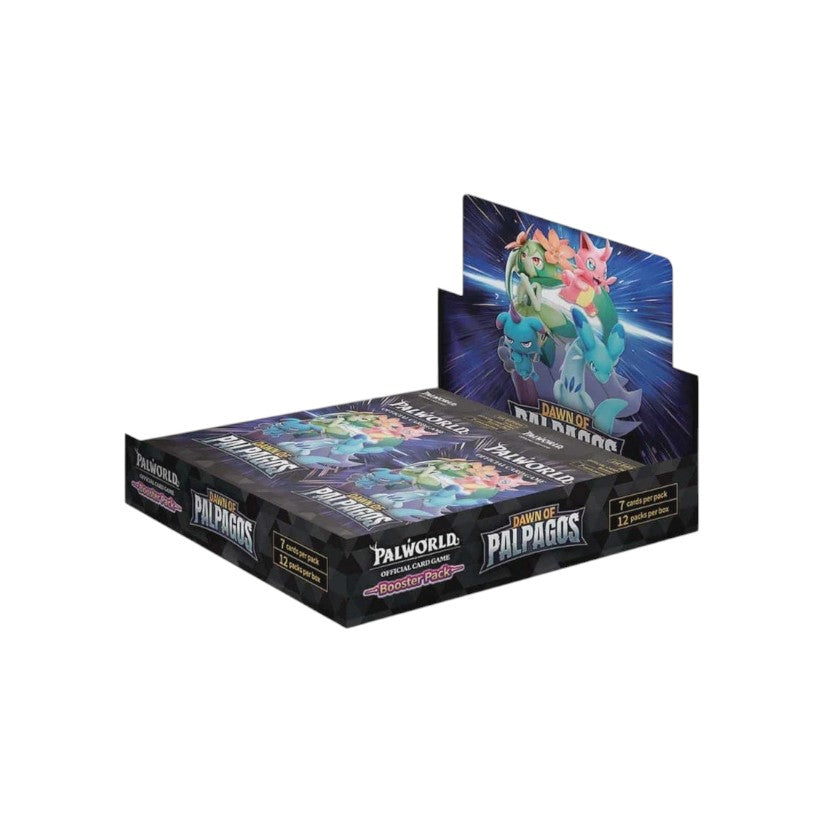 Lowkey Stock Palworld Dawn of Palpagos booster display box with 12 sealed card packs featuring colorful game art