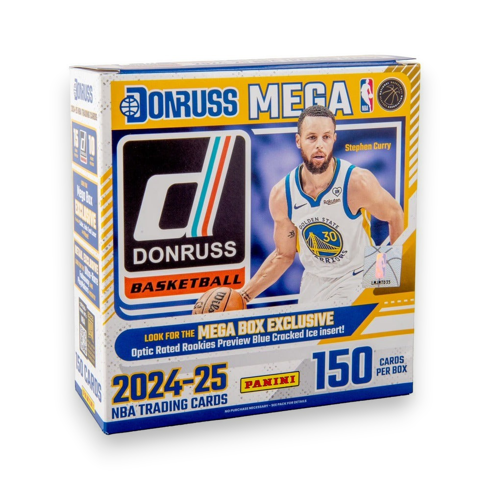 Lowkey Stock 2024-25 Panini Donruss Basketball Mega Box featuring Stephen Curry on the factory sealed packaging