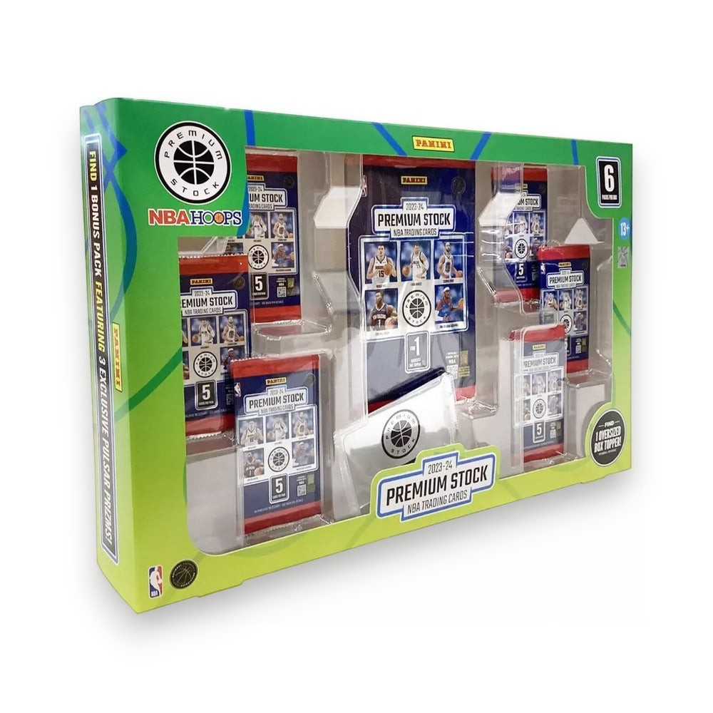 Lowkey Stock 2023-24 Panini NBA Hoops Premium Stock collection box featuring trading card packs and a box topper