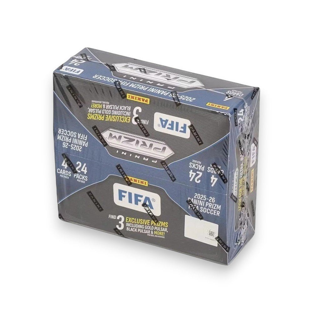 Lowkey Stock 2025/26 Panini Prizm FIFA soccer retail box featuring 24 sealed packs in blue and black packaging