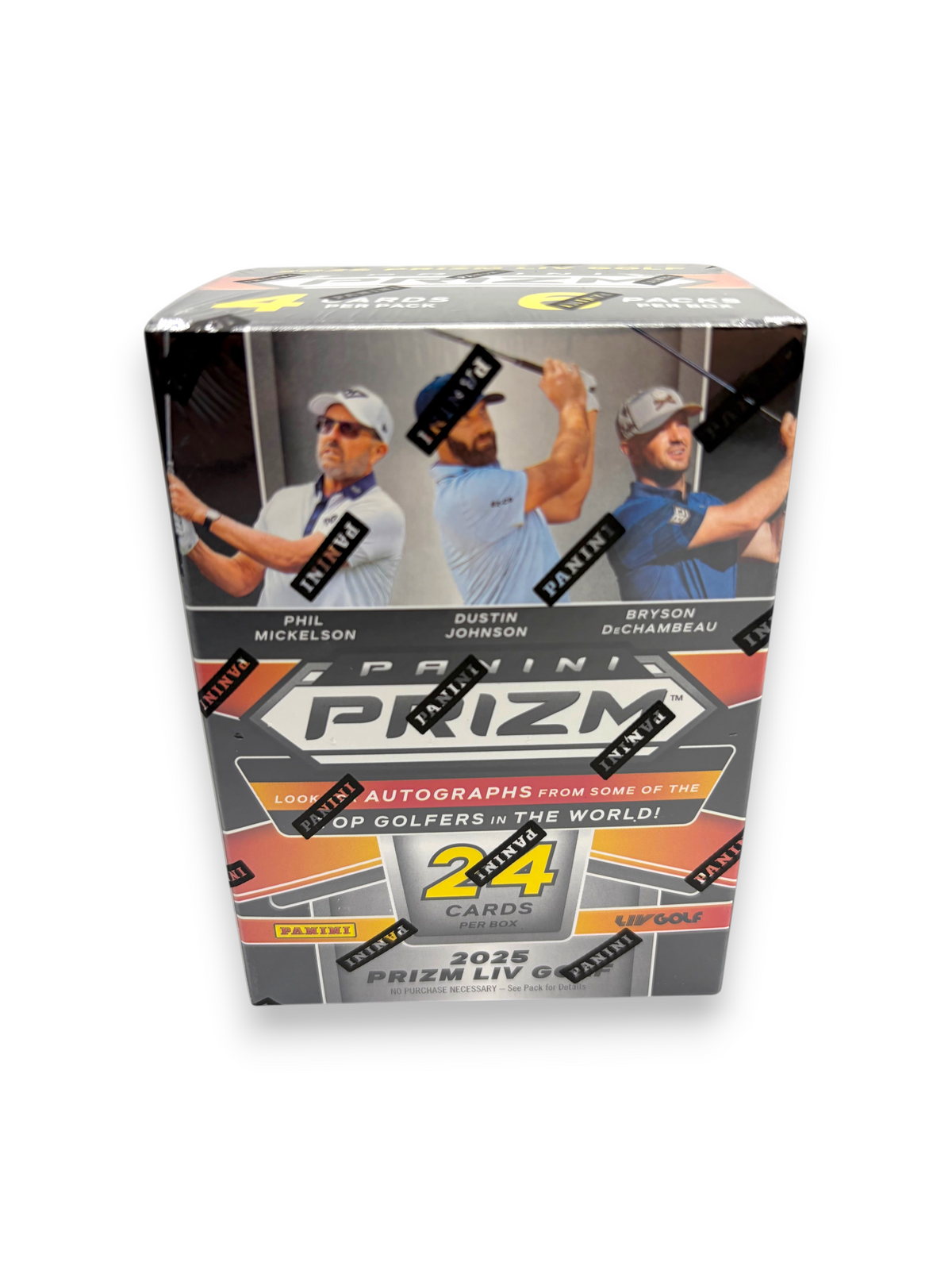 Lowkey Stock 2025 Panini Prizm LIV Golf blaster box featuring Phil Mickelson, Dustin Johnson, and Bryson DeChambeau.