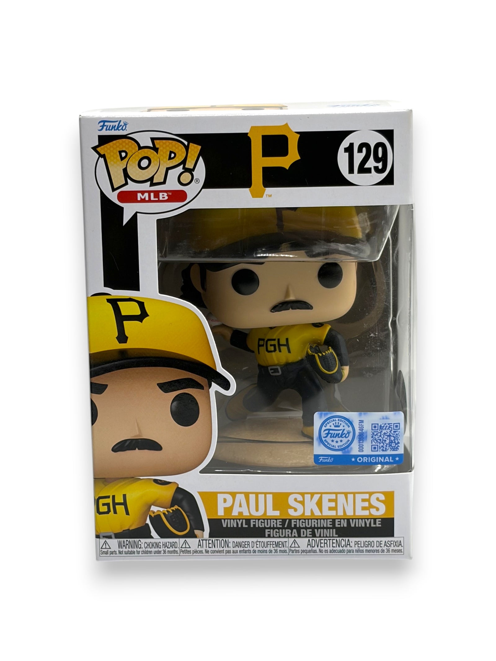 Lowkey Stock Funko Pop! Paul Skenes vinyl figure in Pittsburgh Pirates uniform with a mustache inside display box